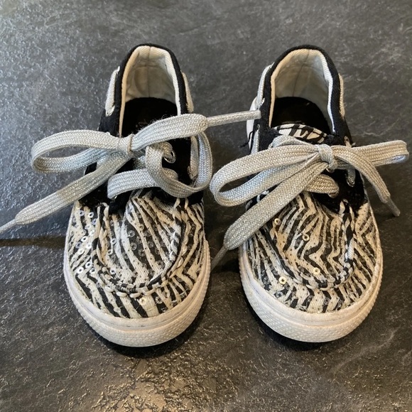 Sperry Other - Girls baby Sperry Top-Sider Bahama black white striped sequins shoes size 5